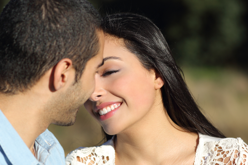 Arab casual couple flirting ready to kiss with love